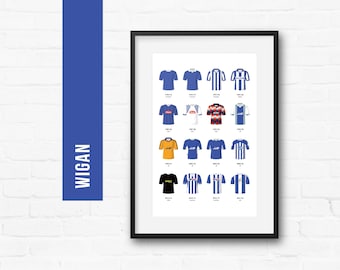 Wigan Football Print Poster Wall Art | Classic Kits | Iconic Retro Shirts History | Gift for Him | Christmas Present | Man Cave