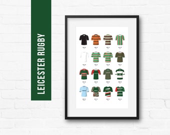 Leicester Rugby Union Print Poster Wall Art | Classic Kits | Iconic Retro Shirts History | Gift for Him | Birthday Present | Man Cave