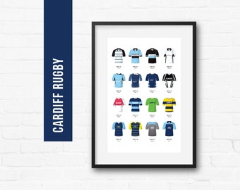 Cardiff Rugby Union Print Poster Wall Art | Classic Kits | Iconic Retro Shirts History | Gift for Him | Christmas Present | Man Cave