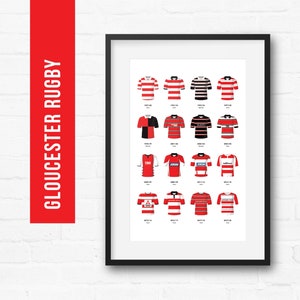 Gloucester Rugby Union Print Poster Wall Art | Classic Kits | Iconic Retro Shirts History | Gift for Him | Birthday Present | Man Cave