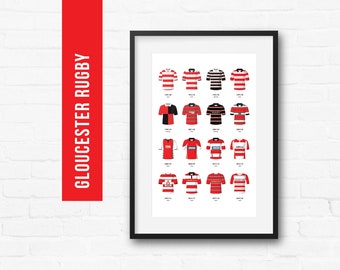 Gloucester Rugby Union Print Poster Wall Art | Classic Kits | Iconic Retro Shirts History | Gift for Him | Birthday Present | Man Cave