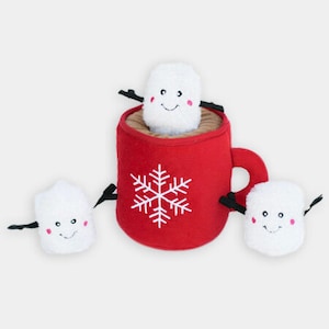 May include: Red plush mug with a snowflake design and three white plush marshmallows with smiling faces. The marshmallows have black stick arms.