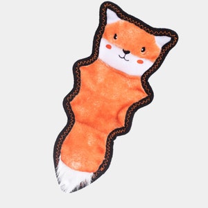 May include: Orange plush dog toy shaped like a fox with black stitched detailing. The toy has a white face with black eyes and a black nose.