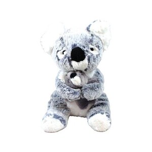 May include: A gray and white plush koala holding a smaller gray and white plush koala. The larger koala is sitting with its legs crossed and its arms wrapped around the smaller koala.