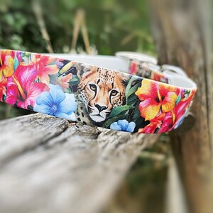 Può includere: Collare per cani bianco con stampa tropicale colorata con un ghepardo, fiori e foglie.