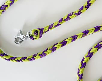 green and purple paracord dog leash with gold