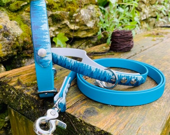 Conjunto de collar y correa en biotano liso y estampado - estampado bosque