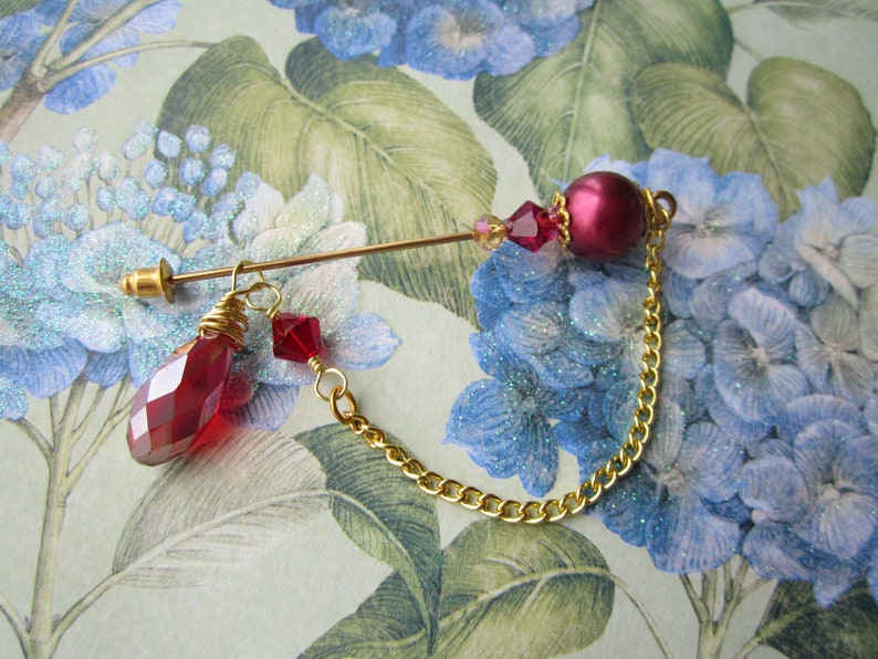 Burgundy Red Pearl and Crystal with Gold Hijab Pin Scarf Pin Hat Pin Brooch