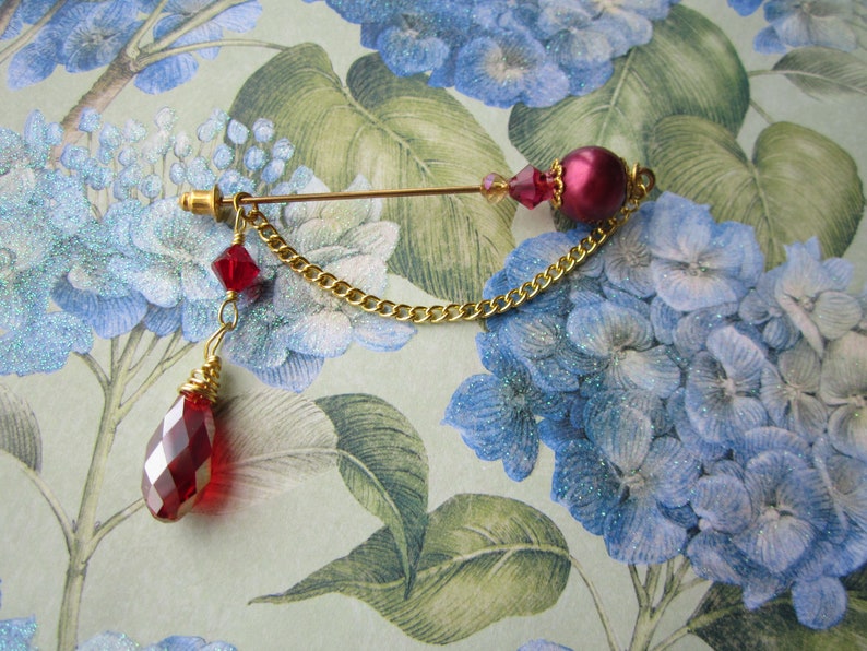 Burgundy Red Pearl and Crystal with Gold Hijab Pin Scarf Pin Hat Pin Brooch