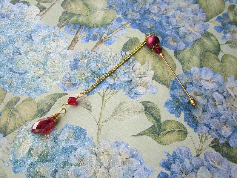 Burgundy Red Pearl and Crystal with Gold Hijab Pin Scarf Pin Hat Pin Brooch