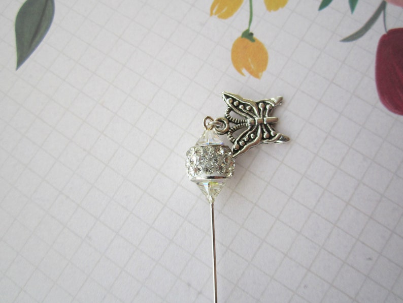 White Crystal with Butterfly Hijab Scarf Hat Pin Brooch
