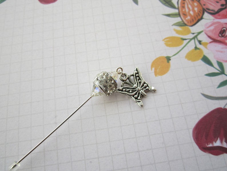 White Crystal with Butterfly Hijab Scarf Hat Pin Brooch