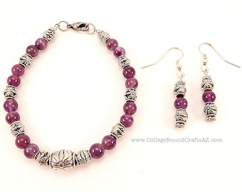 Amethyst Natural Stone Beaded Bracelet & Earrings Set