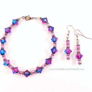Pink & Blue Glass Bead Earring and Bracelet Set in Silver