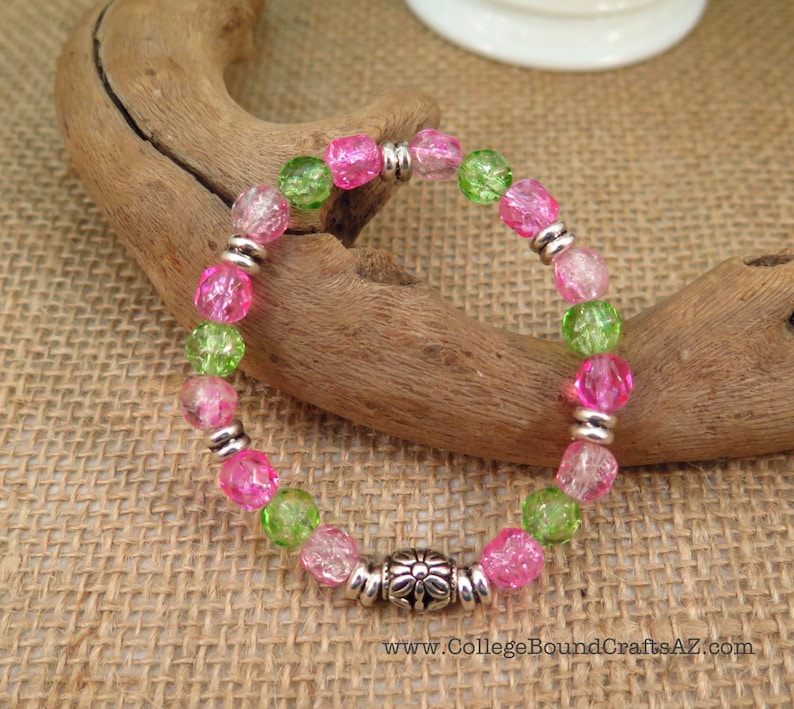 Green /& Pink Crackle Glass Bead Dangle Earrings and Stretch Bracelet Set in Silver FREE SHIPPING!!!