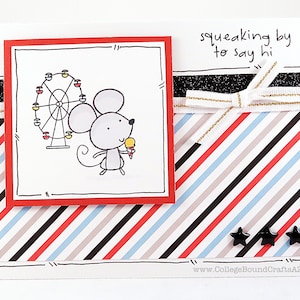 Squeaking by to Say Hi Mouse at Ferris Wheel Hand-Stamped Card #354