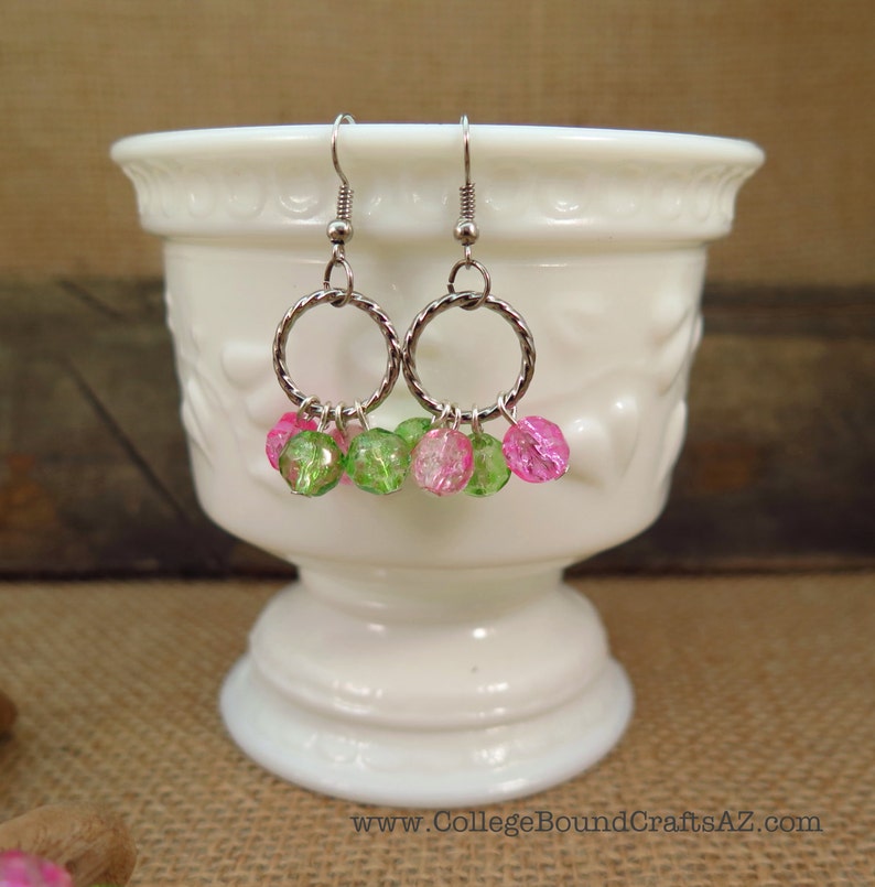 Green /& Pink Crackle Glass Bead Dangle Earrings and Stretch Bracelet Set in Silver FREE SHIPPING!!!