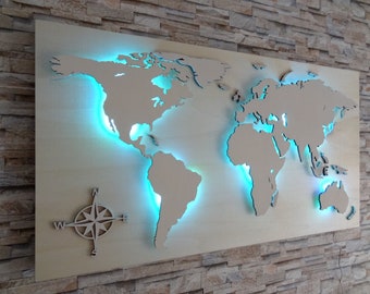 Weltkarte aus Holz LED Beleuchtung "STERN" Dekoration