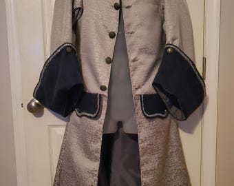 Men's Small patterned Silver and Blue Light Weight Pirate Coat,  grey lined