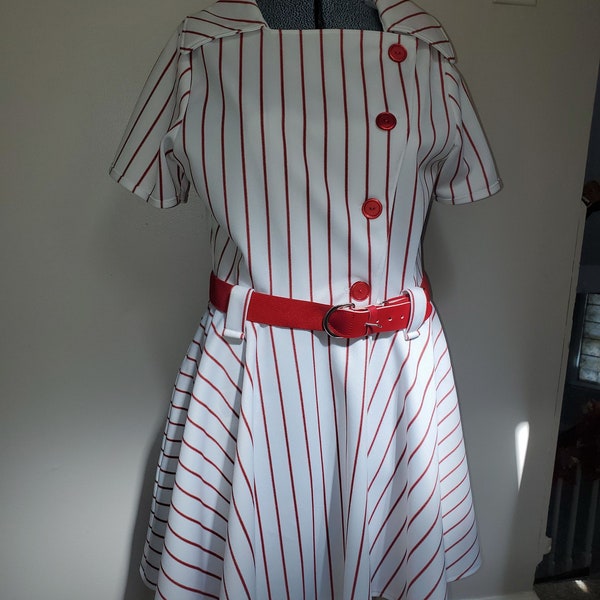 White and Red Stripe Baseball Dress with redbuttons, Size large