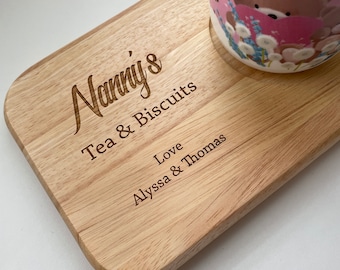 personalised tea and biscuit board, coffee and cake board, milk and cookies board, children snack board, treat board, tea lover gift