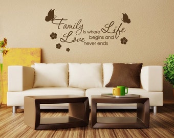 Family Wall Quote  "Family is Where Life Begins & Love Never Ends", Wall Art Sticker, Vinyl Decal, Modern Transfer.