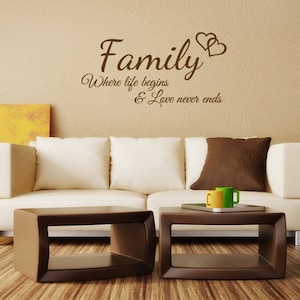 Family Wall Quote &quot;Where Life Begins And Love Never Ends&quot;, Wall Art Sticker, Vinyl Decal, Modern Transfer.