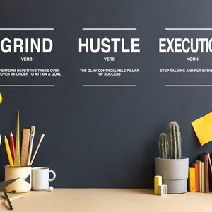 May include: A chalkboard with the words "Grind", "Hustle", and "Execution" written in white. The words are defined below. The chalkboard is decorated with a yellow ball, pencils, a potted cactus, and sticky notes.