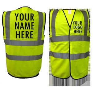 Custom Printed Yellow Hi Vis vest, Any logo, Any Text, Safety, Visibility, Work, Childs, Outdoor, Builder, Building, Cycle