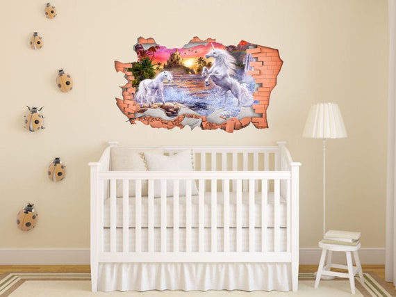 3D Sticker Transfer, FULL COLOUR Unicorn Smashed Wall Decal Art
