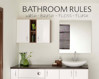 Bathroom Wall Sticker "Bathroom Rules - Wash, Brush, Floss, Flush" Wall Art Sticker, Modern Transfer.