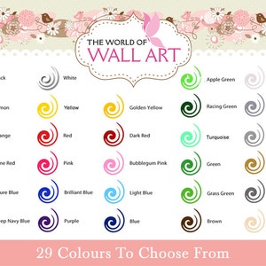 Puede incluir: Un gr&aacute;fico que muestra 29 opciones de color diferentes para el arte de pared. Los colores est&aacute;n dispuestos en filas y columnas, con cada color representado por una forma de espiral. Los colores incluyen negro, blanco, verde manzana, blanco roto, lim&oacute;n, amarillo, amarillo dorado, verde racing, plata metalizada, naranja, rojo, rojo oscuro, rojo vino, rosa, rosa chicle, verde, oro metalizado, azul celeste, azul brillante, azul claro, verde hierba, gris oscuro, azul marino oscuro, morado, azul, marr&oacute;n y beige.