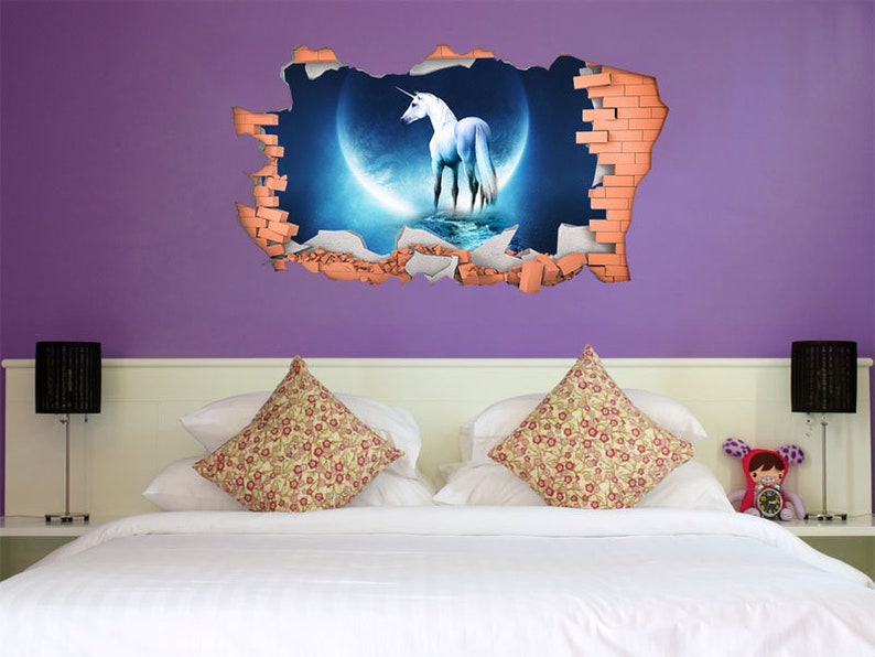 3D Sticker Transfer, FULL COLOUR Unicorn Smashed Wall Decal Art