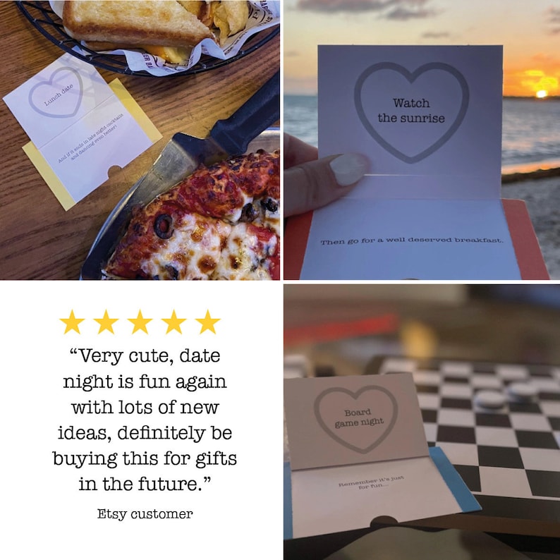 May include: A set of 10 date night cards with a heart design and text such as "Lunch Date", "Watch the sunrise", and "Board game night". The cards are on a wooden table with a pizza and a chessboard in the background. The text "Very cute, date night is fun again with lots of new ideas, definitely be buying this for gifts in the future." is written below the cards.