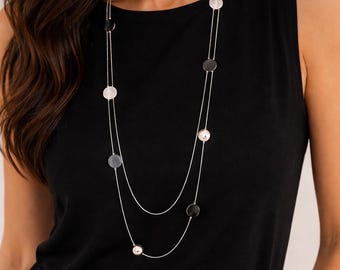 Long necklace – silver with black, grey, and silver dots link chain – dress necklace with extension, multi-layer modern jewelry