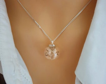 925 Sterling Silver 38-70 cm * Dandelion * Wish Necklace in Glass Ball Silver Chain