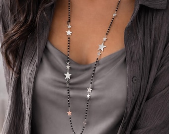 Long star necklace, layered star Y-necklace, multilayer star necklace, stainless steel metal star multi-necklace, modern length 100 cm