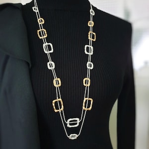 Lange Silber Gold Pullover Halskette – Statement mit großen geometrische Gliederkette – moderne Kleid Kette Verlängerung Multi Layer Schmuck
