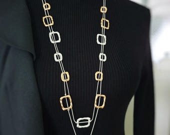 Long Silver Gold Sweater Necklace – Statement with Large Geometric Link Chain – Modern Dress Chain Extension Multi-Layer Jewelry