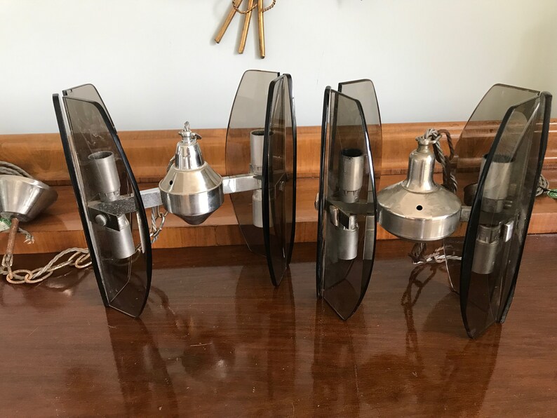 Vintage chrome and dark smoked glass pendant.Mid Century lighting.Rewired UKEUUSA Veca Fontana Arte style Italian 60s light