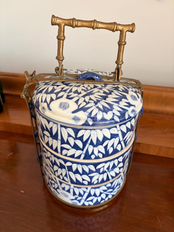 Antique Chinese Porcelain Tiffin/Lunch Box Blue/White Hand Painted Brass Frame 1920s
