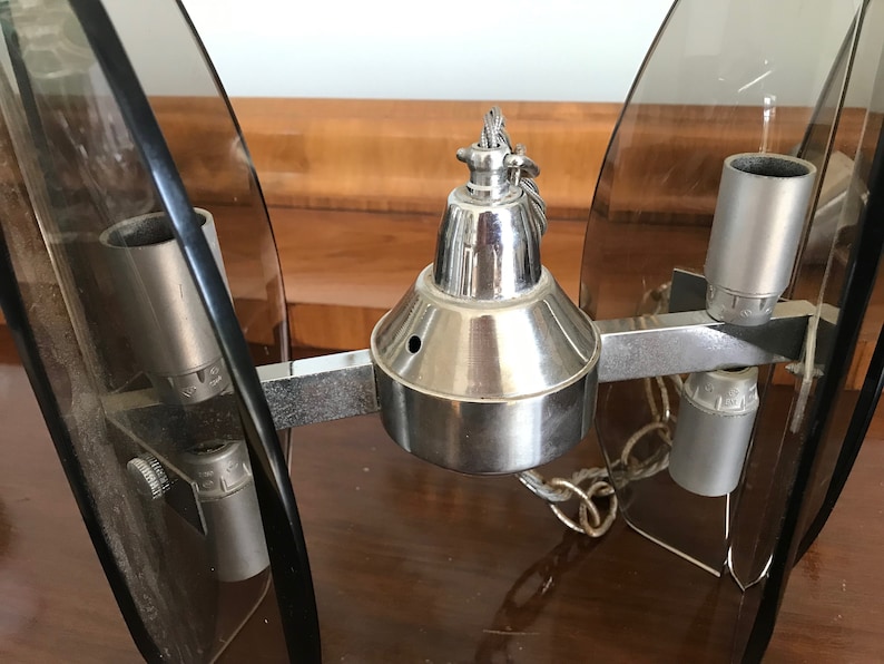 Vintage chrome and dark smoked glass pendant.Mid Century lighting.Rewired UKEUUSA Veca Fontana Arte style Italian 60s light