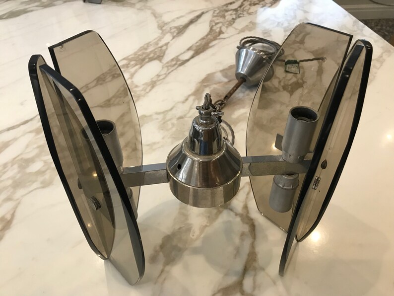 Vintage chrome and dark smoked glass pendant.Mid Century lighting.Rewired UKEUUSA Veca Fontana Arte style Italian 60s light