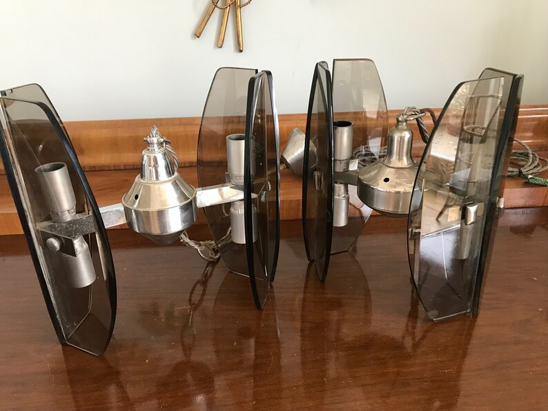 Vintage chrome and dark smoked glass pendant.Mid Century lighting.Rewired UKEUUSA Veca Fontana Arte style Italian 60s light