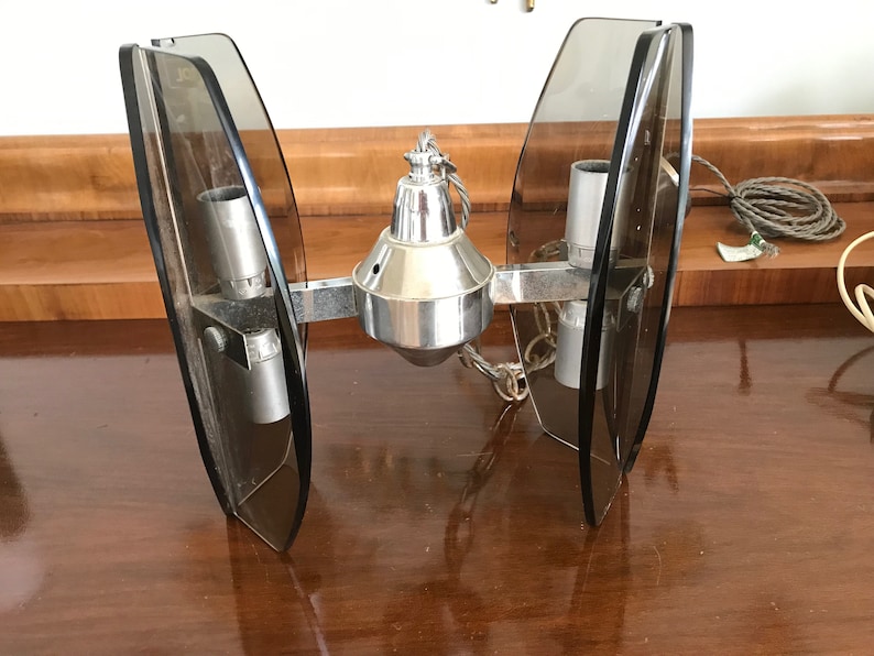 Vintage chrome and dark smoked glass pendant.Mid Century lighting.Rewired UKEUUSA Veca Fontana Arte style Italian 60s light