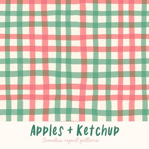 Op de afbeelding: Een naadloos herhalingspatroon met een rasterontwerp. Het patroon heeft afwisselende strepen in groen, roze en bruin op een crèmekleurige achtergrond. De tekst "Apples + Ketchup" staat onderaan de afbeelding.