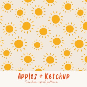 Op de afbeelding: Een naadloos herhalend patroon met handgetekende gele zonnen op een crèmekleurige achtergrond. Het ontwerp bevat de tekst "Apples + Ketchup" en "Seamless repeat patterns" in oranje. Geschikt voor diverse toepassingen.