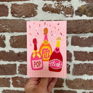 Pop Fizz Clink card - happy birthday greeting card - wedding card - anniversary card - celebrations card - champagne bottles card