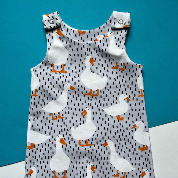 Baby Romper in Puddle Duck Print, Children's Dungarees, Newborn Baby Gift