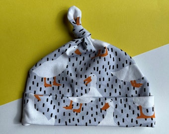 Knotted Top Baby Hat, Organic Fabric in Puddle Duck Design, New Baby Gift